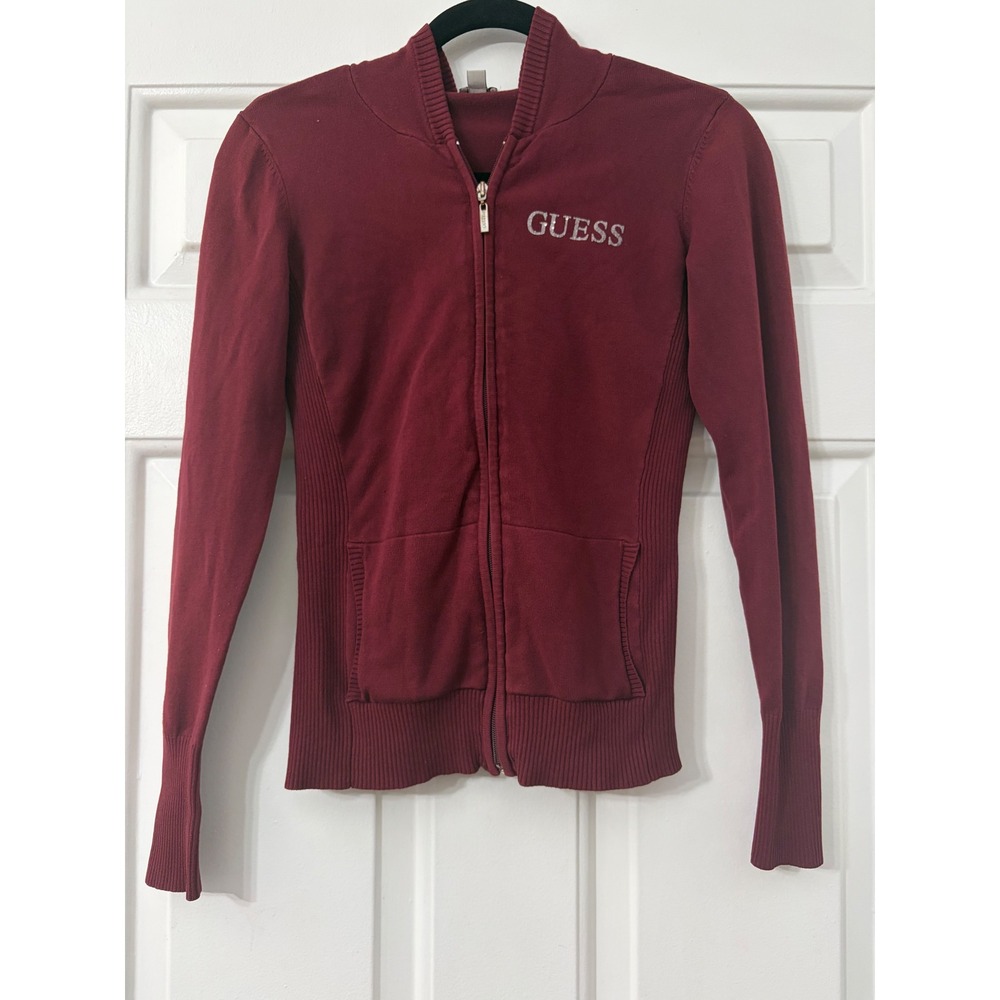 GUESS | Full Zip Knit Hoodie Sweater | Size S || Burgundy |